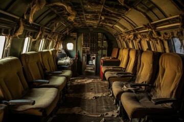 Vintage plane cabin with dilapidated seats and aged control panel, evoking a sense of nostalgia and decay