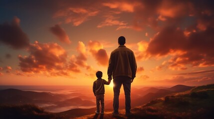 Fototapeta premium Fathers day. Back view of a little child boy sitting on his fathers shoulders holding hands and looking into the distance enjoying sunset. Father walking with son outdoors.
