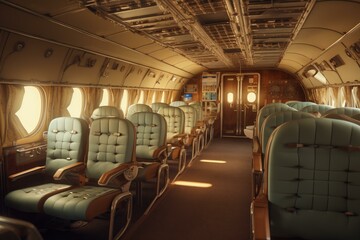 Classic aircraft cabin with leather seating and nostalgic design illuminated by warm light