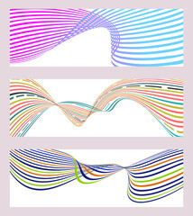 Obraz premium Wavy lines or ribbons. Set of 3 backgrounds. Multicolored striped gradient. Creative unusual background with abstract gradient wave lines to create a trendy banner, poster. vector eps