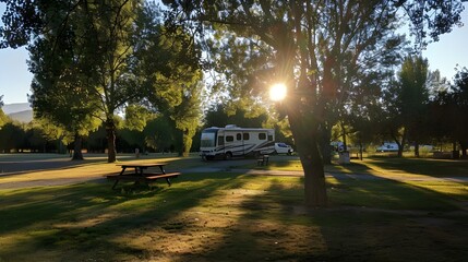 Camping on nature beach. Caravan recreational vehicle at sunrise on mediterranean coast in Spain. Vacation and travelling in motorhome. 