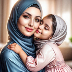A Muslim woman and her daughter wear hijabs, symbolizing their religious and cultural identity.