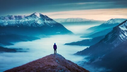 A solitary figure stands at the edge of the valley, contemplating its vastness.