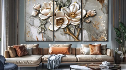3 panel wall art, marble background flowers designs, wall decoration