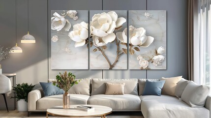 3 panel wall art, marble background flowers designs, wall decoration