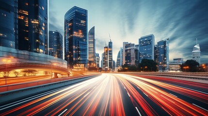 Fototapeta premium Light flow of traffic on a evening highway in a city with modern high buildings