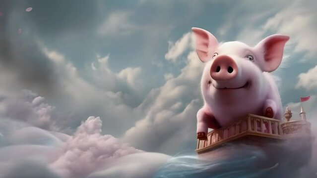 A dreamy, whimsical pig stands on a floating balcony amidst ethereal clouds, exuding serenity and majesty. Mystical atmosphere, fantasy world, peaceful skies, surreal scene.