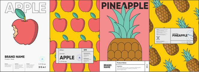 Set of labels, posters, and price tags features line art designs of fruits, specifically apples and pineapples, in a vibrant, minimalistic style.
