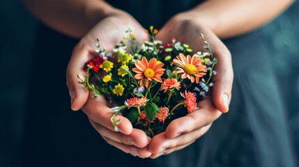 Hands holding colorful bouquet of wildflowers on dark background.
