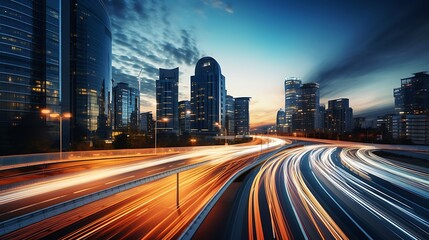 Fototapeta premium Light flow of traffic on a evening highway in a city with modern high buildings