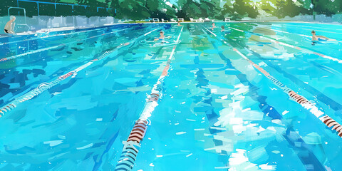 A turquoise swimming pool glistens in the sun, inviting swimmers to dive in and cool off