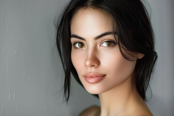 Naklejka premium Young brunette on a gray background. Feminine beauty.