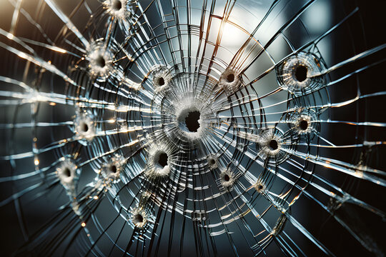 multiple bullet holes in a glass door close-up