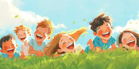 A group of children giggle, rolling down a grassy hill, their laughter echoing through the air