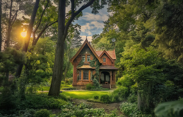 Obraz premium Wooden big house in the forest in summer.