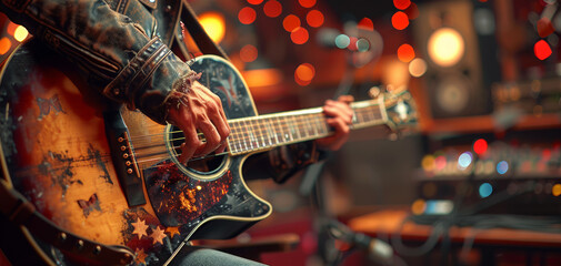 Closeup of musician playing acoustic guitar on stage