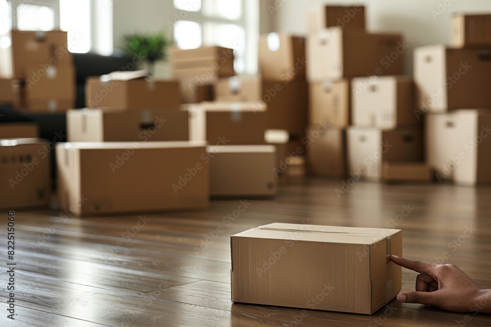 Poster hands holding blank smartphone screen with moving boxes in background indoors - technology and reloc