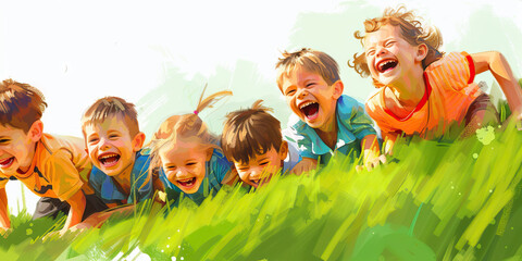 A group of children giggle, rolling down a grassy hill, their laughter echoing through the air