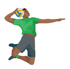 Figure of a high-jumping dark-skinned volleyball player in profile in a green T-shirt who aims and throws the ball forward