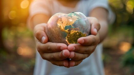 Hands holding a heart-shaped Earth with a blurred background