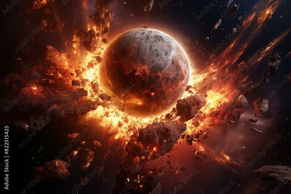 Poster artistic depiction of a massive asteroid collision with a fiery explosion in space