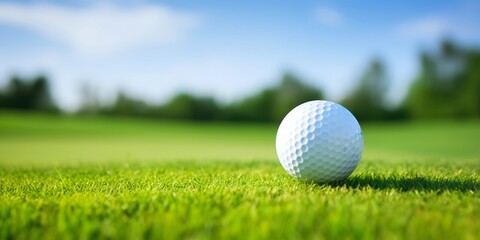 A golf ball resting on top of a vibrant green golf course. Golf tournament banner.