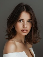 Naklejka premium Young brunette with a bob hairstyle. Feminine beauty.