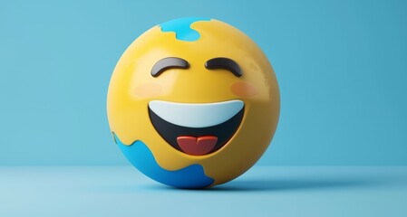 Yellow globe emoji with a happy face on a blue background. Earth and happiness concept