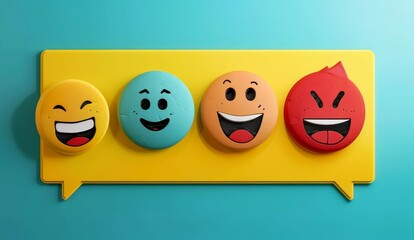 Four colorful emoji faces on a yellow and blue background. Flat lay composition with copy space.