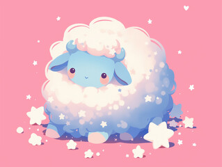 personagem fofo - ovelha azul e estrelas brancas em fundo rosa pastel em estilo de impressão