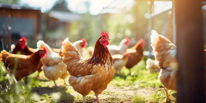 Close up of free cage chicken hens outdoors in the backyard farm