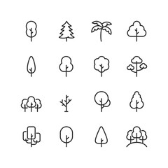 Trees and Foliage, linear style icon set. Illustrations of diverse tree species with trunk, branch and leaf formations. Natural flora, evergreens, deciduous, tropical varieties. Editable stroke width