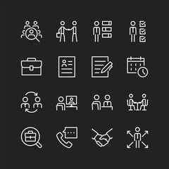 Interview icons, white lines on black background. Getting jobs, interviewing candidates, headhunting. Resumes, assessing professional qualities. Customizable line thickness