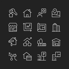 Real estate icons, white on black background. Buying, renting, letting apartments, houses, land, commercial properties. Investments. Customizable line thickness
