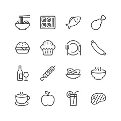 Food and Drink, linear style icon set. Dishes to drinks and snacks. Global cuisine staples and delicacies. Editable stroke width.