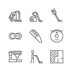 Vacuum Cleaner and Cleaning, linear style icon set. Various vacuum types for household and commercial use - upright, canister, handheld, robotic, car vacuums. Editable stroke width