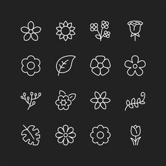 Floral, flower icon set, white on black background. Botanical decor with flowers, plants, foliage decorative elements. Customizable line thickness