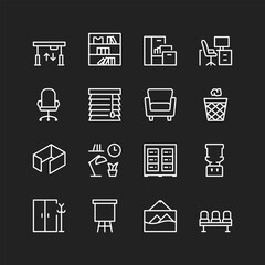 Office furniture icons, white lines on black background. Business interior, workspace - tables, chairs, cabinets, lamps, clocks, etc. Customizable line thickness