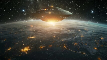 UFO hovering above Earth in space. Science fiction digital artwork with spaceship and stars. Alien invasion concept.