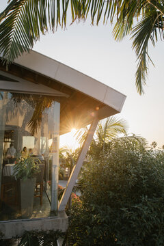 Corner of a elegant restaurant in Santa Monica near the beach at sunset. 