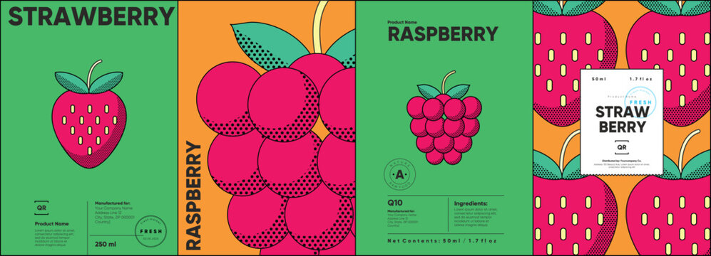 Set of labels, posters, and price tags features line art designs of fruits, specifically strawberries and raspberries, in a vibrant, minimalistic style.