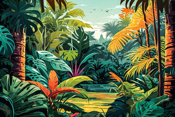 A vibrant comic-style jungle scene with dense foliage, colorful flowers, and Monstera Philodendron leaves adorning the trees vector art illustration generative AI image.
