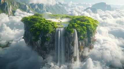 Flying land with beautiful landscape, green grass and waterfalls, mountains, lake. 3d illustration of floating forest island isolated with clouds. 