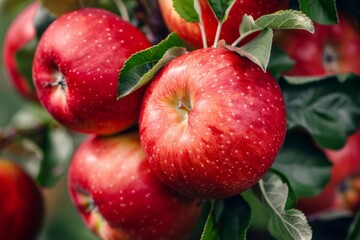 Obraz premium Detailed image showcasing a cluster of red apples with visible textures and leaves on a tree