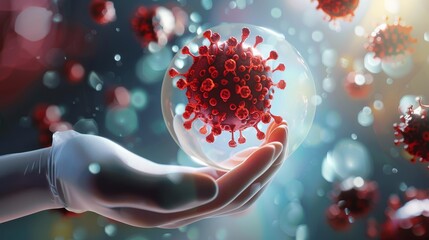 Virus particle in gloved hand surrounded by floating virus particles. Medical illustration