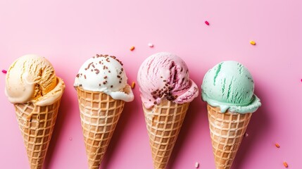 Four ice cream cones with different flavors on a pink background.