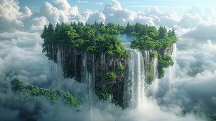 Flying land with beautiful landscape, green grass and waterfalls, mountains, lake. 3d illustration of floating forest island isolated with clouds. 