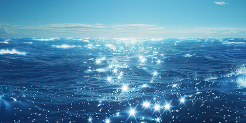 A sparkling blue ocean stretches endlessly towards the horizon, waves crashing against the shore