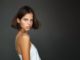 Fototapeta premium Young brunette on a gray background. Feminine beauty.