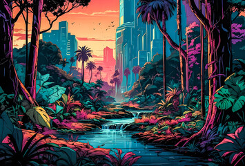 A vibrant neon jungle landscape with towering trees, winding vines, and exotic animals vector art...
